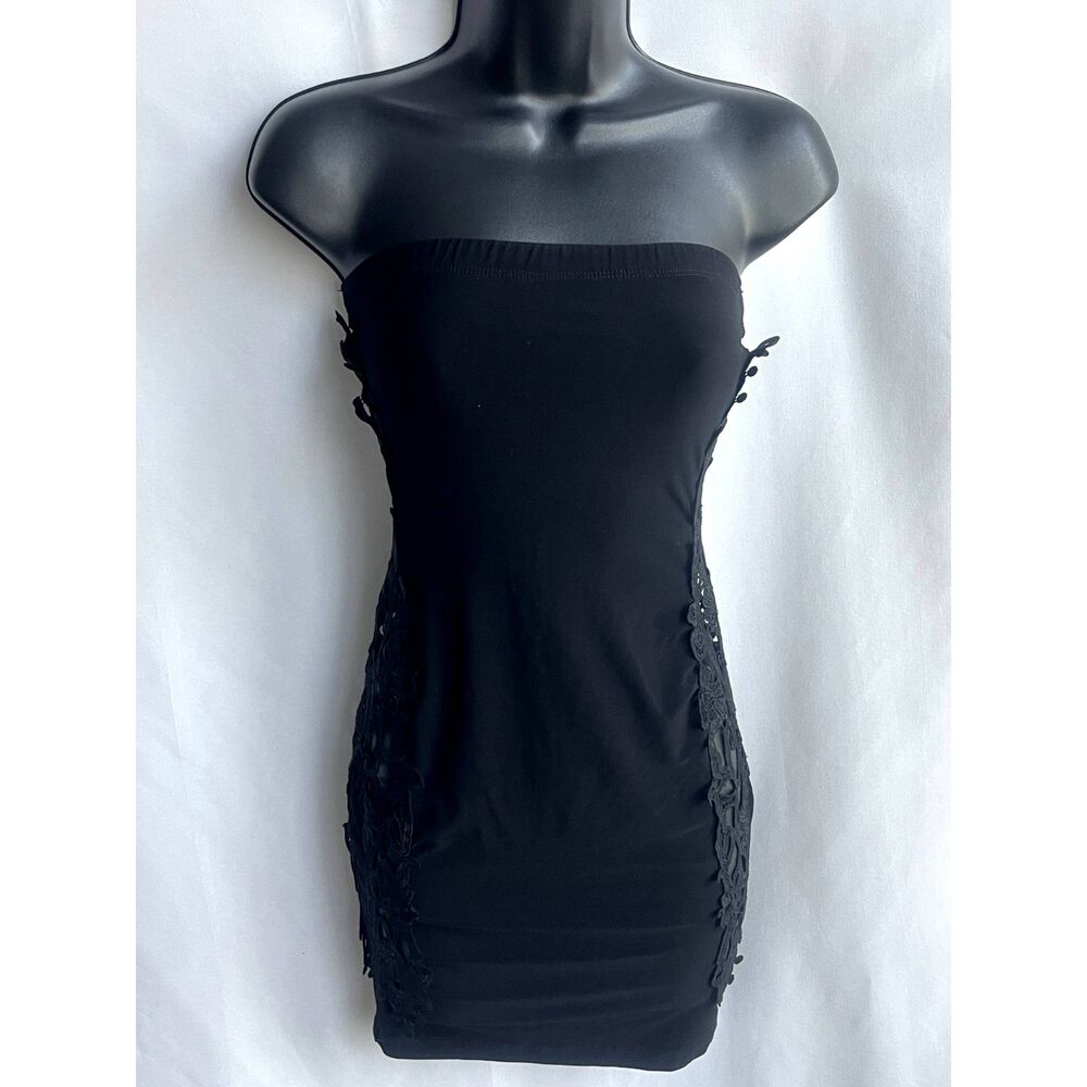 Symphony Black Tube Mini Cocktail Dress Side Lace Cutouts Sexy Size S LBD Date